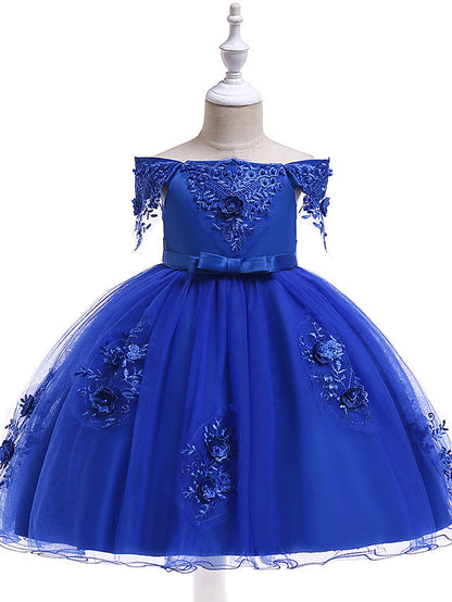 Short A-Line Tulle Off The Shoulder Wedding Birthday Pageant Flower Girl Dresses with Sleeves