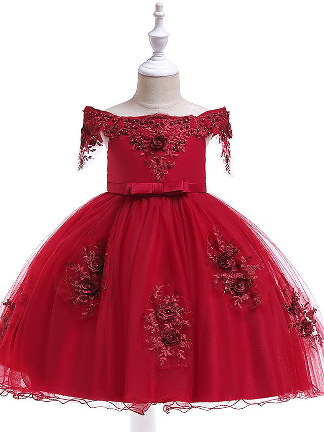 Short A-Line Tulle Off The Shoulder Wedding Birthday Pageant Flower Girl Dresses with Sleeves