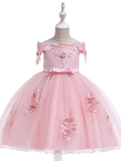 Short A-Line Tulle Off The Shoulder Wedding Birthday Pageant Flower Girl Dresses with Sleeves