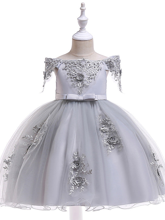 Short A-Line Tulle Off The Shoulder Wedding Birthday Pageant Flower Girl Dresses with Sleeves