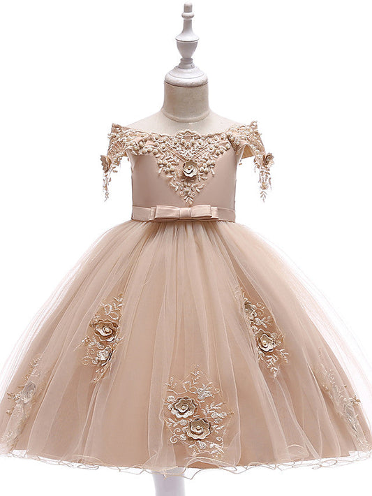 Short A-Line Tulle Off The Shoulder Wedding Birthday Pageant Flower Girl Dresses with Sleeves