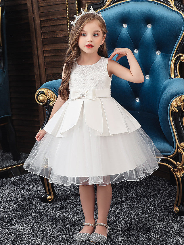 Short A-Line Tulle Satin Jewel Neck Wedding Party Communion Dresses