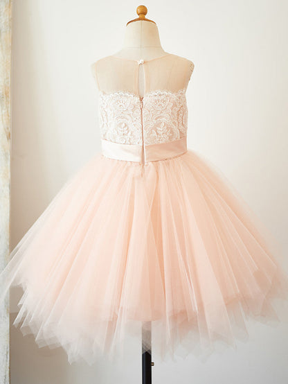 Short A-Line Tulle Sleeveless Jewel Neck Pageant Flower Girl Dresses