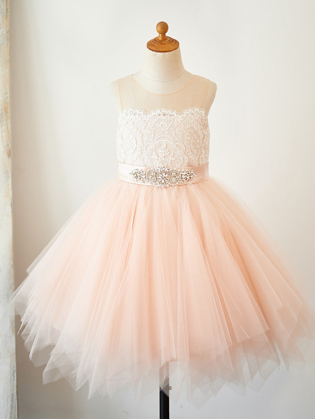 Short A-Line Tulle Sleeveless Jewel Neck Pageant Flower Girl Dresses