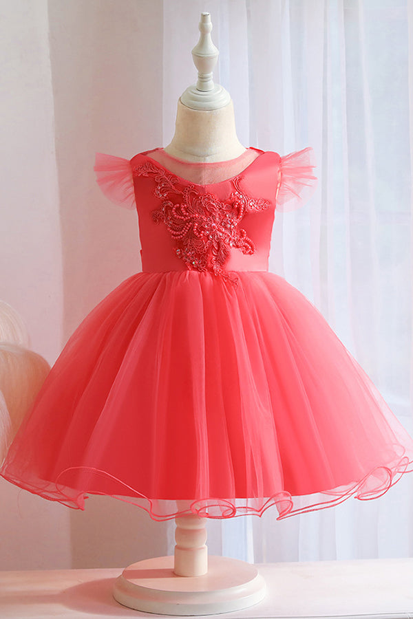 Short Ball Gown Appliques Lace Pleated Tulle Flower Girl Dresses