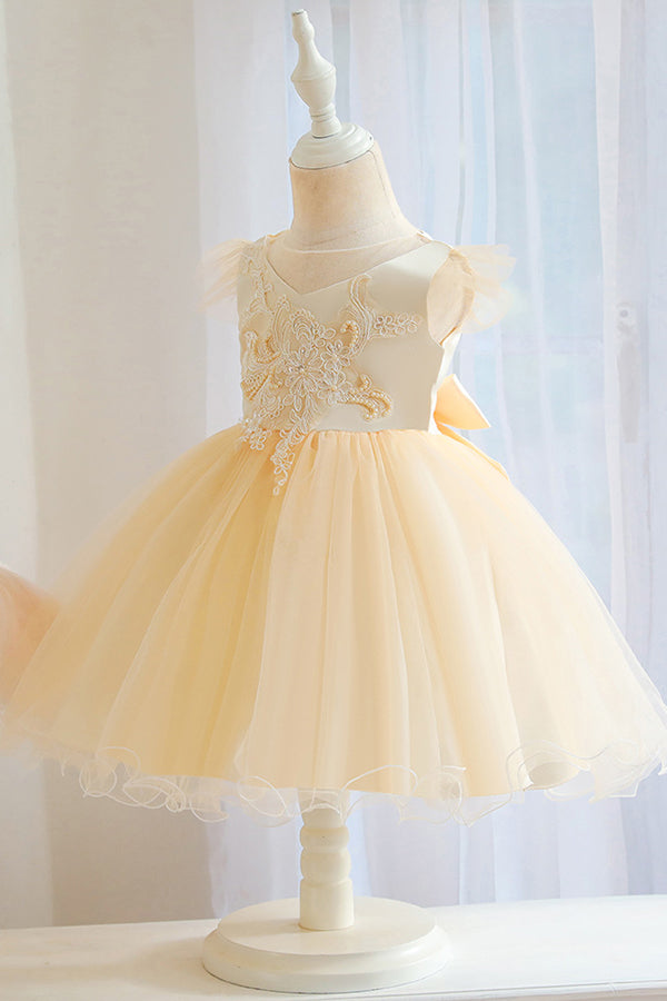 Short Ball Gown Appliques Lace Pleated Tulle Flower Girl Dresses