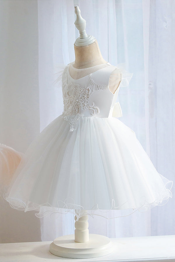 Short Ball Gown Appliques Lace Pleated Tulle Flower Girl Dresses