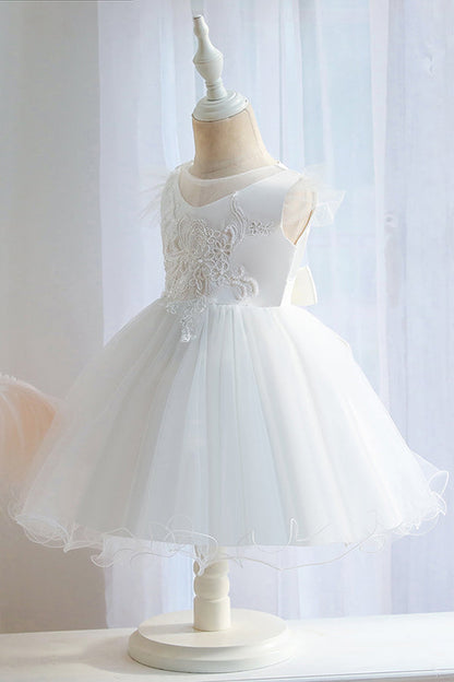 Short Ball Gown Appliques Lace Pleated Tulle Flower Girl Dresses