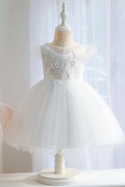 Short Ball Gown Appliques Lace Pleated Tulle Flower Girl Dresses