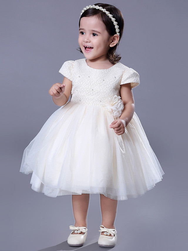 Short Ball Gown Lace Jewel Neck Wedding Event Party Flower Girl Dresses with Sleeves