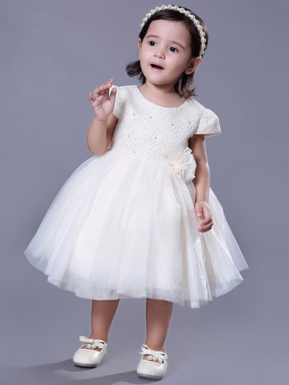 Short Ball Gown Lace Jewel Neck Wedding Event Party Flower Girl Dresses with Sleeves