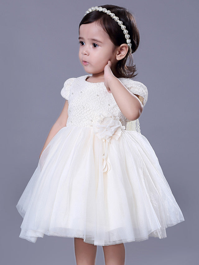 Short Ball Gown Lace Jewel Neck Wedding Event Party Flower Girl Dresses with Sleeves