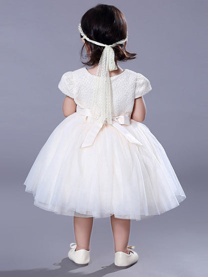 Short Ball Gown Lace Jewel Neck Wedding Event Party Flower Girl Dresses with Sleeves