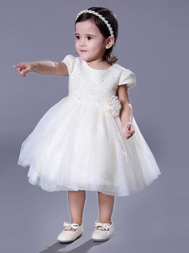 Short Ball Gown Lace Jewel Neck Wedding Event Party Flower Girl Dresses with Sleeves