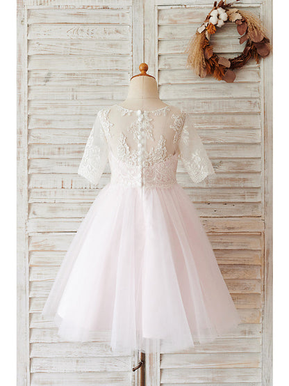 Short Ball Gown Lace Tulle Half Sleeve Jewel Neck Wedding Birthday Flower Girl Dresses