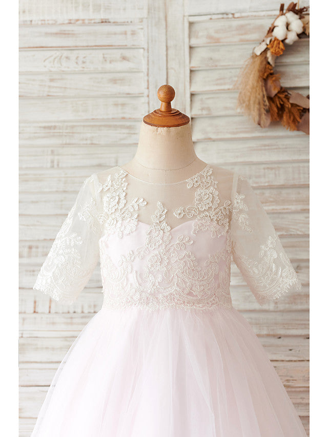 Short Ball Gown Lace Tulle Half Sleeve Jewel Neck Wedding Birthday Flower Girl Dresses