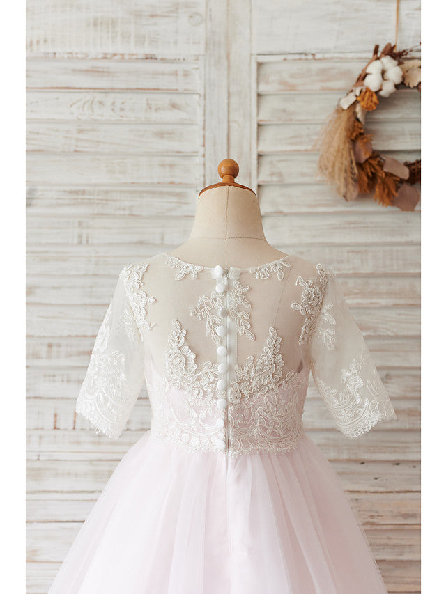 Short Ball Gown Lace Tulle Half Sleeve Jewel Neck Wedding Birthday Flower Girl Dresses