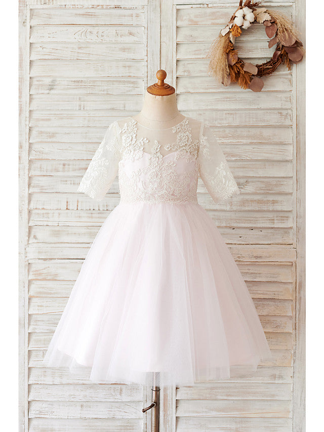 Short Ball Gown Lace Tulle Half Sleeve Jewel Neck Wedding Birthday Flower Girl Dresses