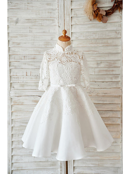 Short Ball Gown Lace Tulle High Neck Wedding Birthday Flower Girl Dresses With Sleeves