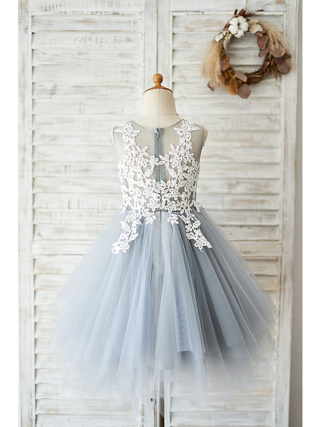 Short Ball Gown Lace Tulle Sleeveless Jewel Neck Wedding Birthday Flower Girl Dresses