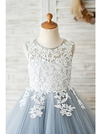 Short Ball Gown Lace Tulle Sleeveless Jewel Neck Wedding Birthday Flower Girl Dresses