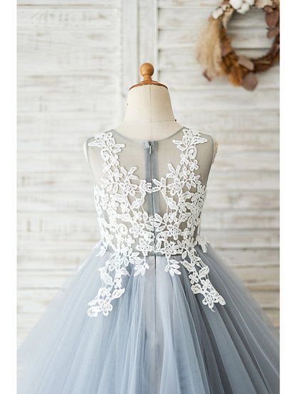 Short Ball Gown Lace Tulle Sleeveless Jewel Neck Wedding Birthday Flower Girl Dresses