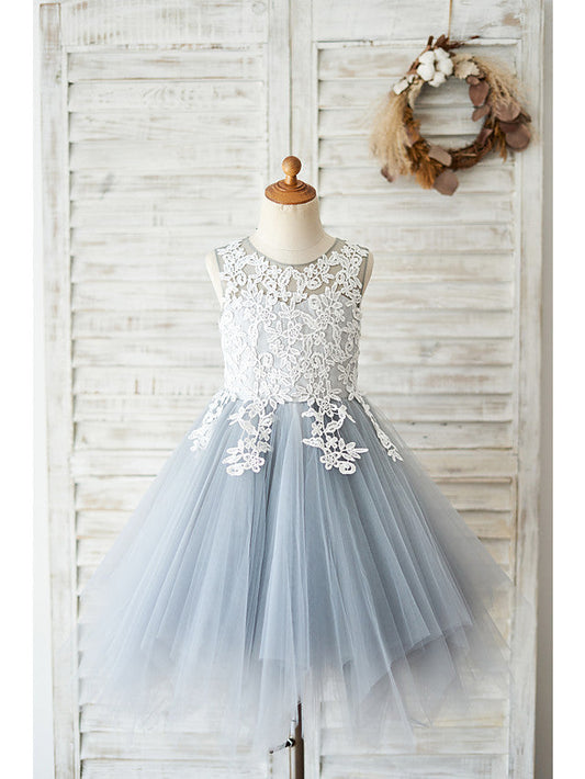 Short Ball Gown Lace Tulle Sleeveless Jewel Neck Wedding Birthday Flower Girl Dresses