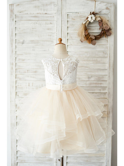 Short Ball Gown Lace Tulle Wedding Birthday Flower Girl Dresses