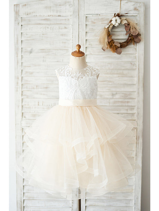 Short Ball Gown Lace Tulle Wedding Birthday Flower Girl Dresses