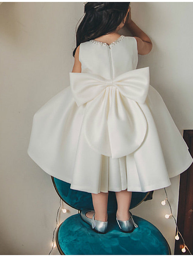 Short Ball Gown Satin Sleeveless Jewel Neck Wedding Party Flower Girl Dresses