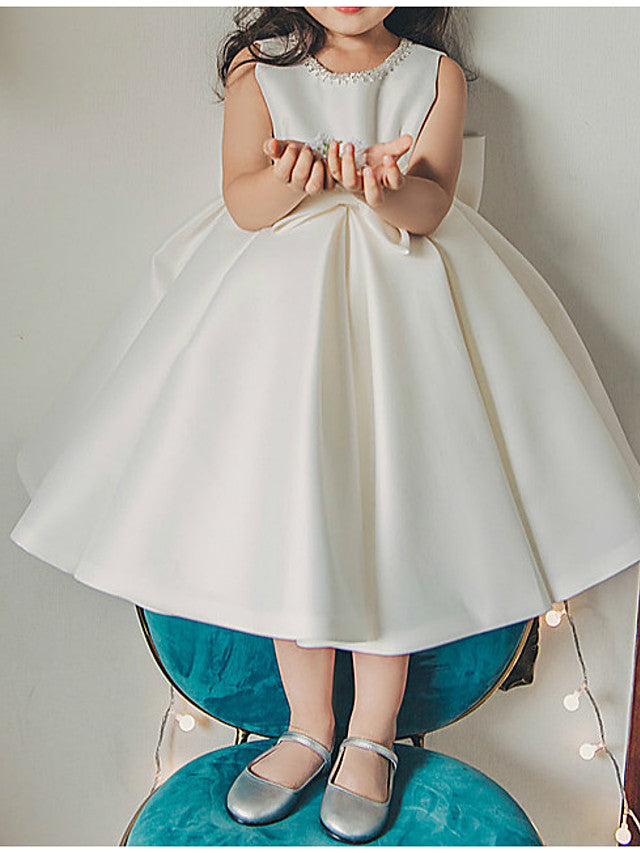 Short Ball Gown Satin Sleeveless Jewel Neck Wedding Party Flower Girl Dresses