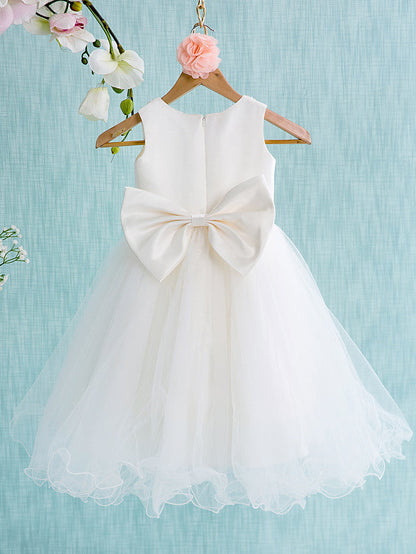 Short Ball Gown Satin Tulle Jewel Neck Wedding First Communion Flower Girl Dresses