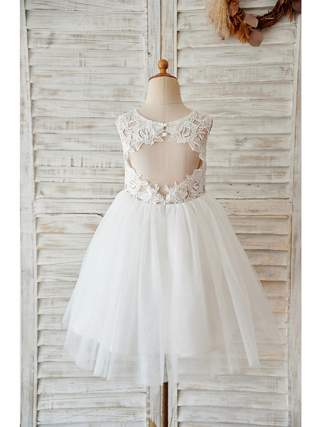 Short Ball Gown Tulle Jewel Neck Lace Wedding Birthday Flower Girl Dresses