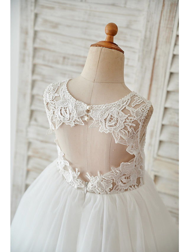 Short Ball Gown Tulle Jewel Neck Lace Wedding Birthday Flower Girl Dresses