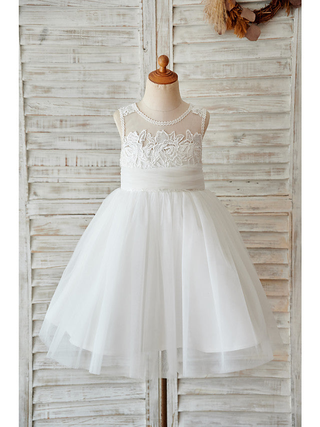 Short Ball Gown Tulle Jewel Neck Lace Wedding Birthday Flower Girl Dresses