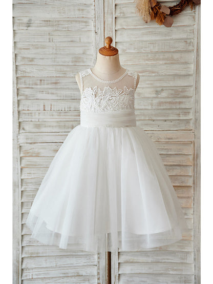 Short Ball Gown Tulle Jewel Neck Lace Wedding Birthday Flower Girl Dresses