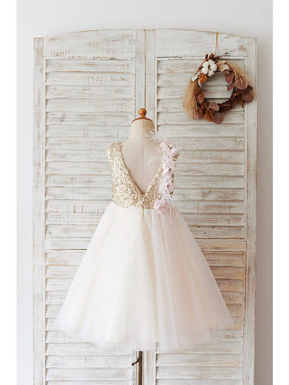 Short Ball Gown Tulle Sequined Wedding Birthday Flower Girl Dresses