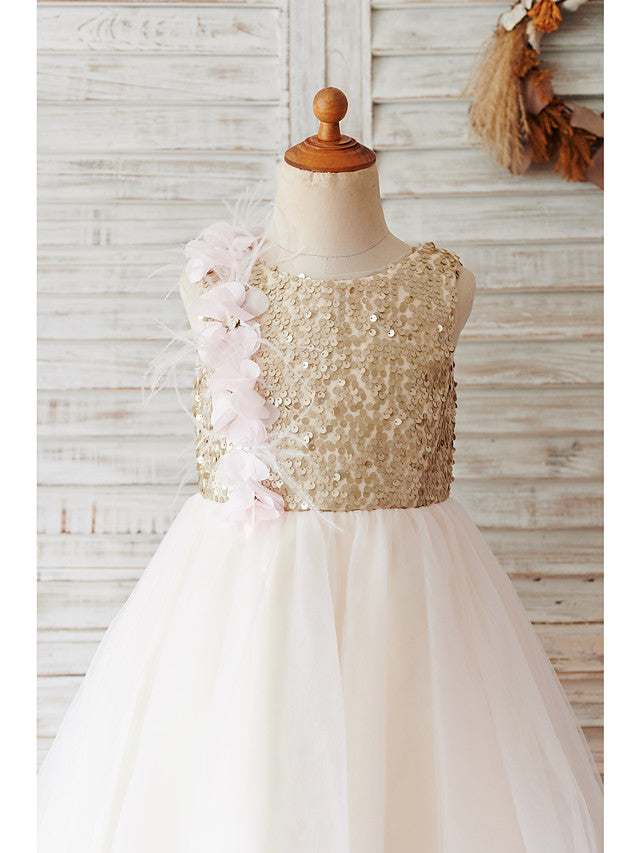 Short Ball Gown Tulle Sequined Wedding Birthday Flower Girl Dresses