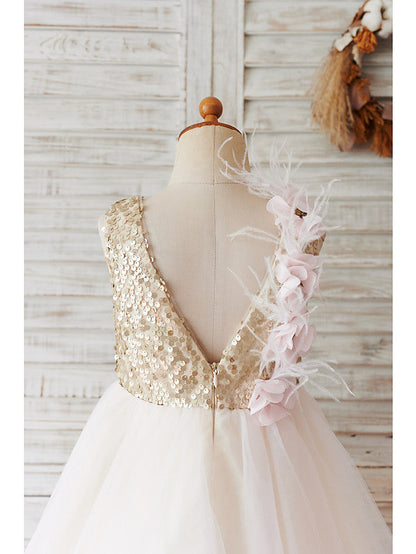 Short Ball Gown Tulle Sequined Wedding Birthday Flower Girl Dresses