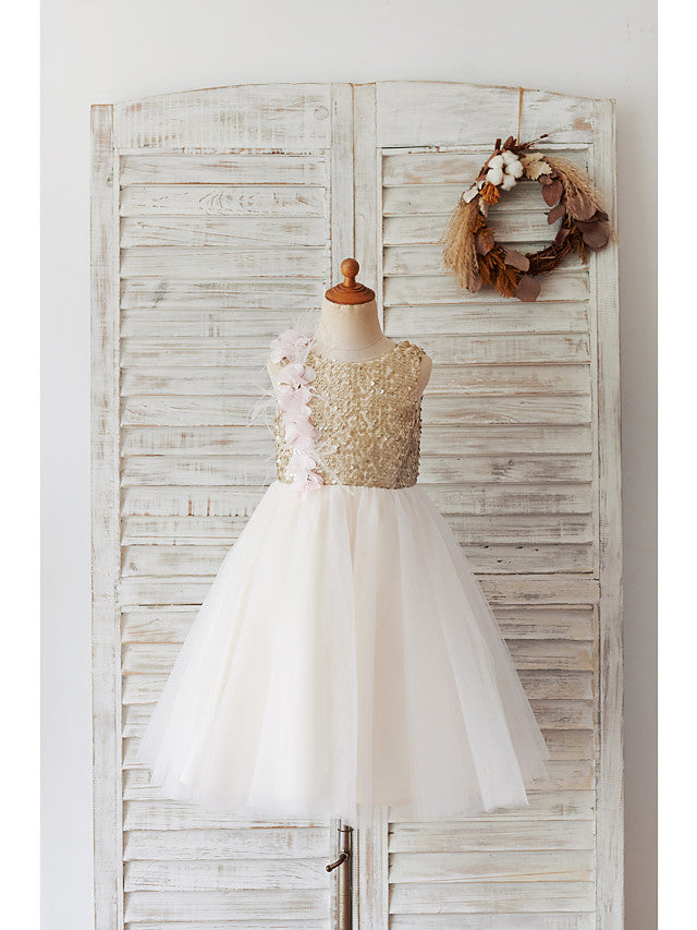 Short Ball Gown Tulle Sequined Wedding Birthday Flower Girl Dresses