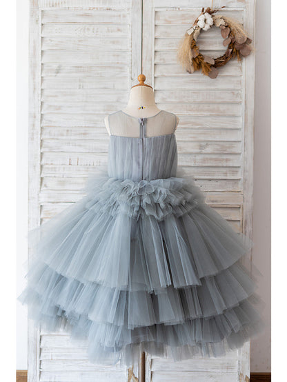 Short Ball Gown Tulle Sleeveless Jewel Neck Wedding Birthday Flower Girl Dresses