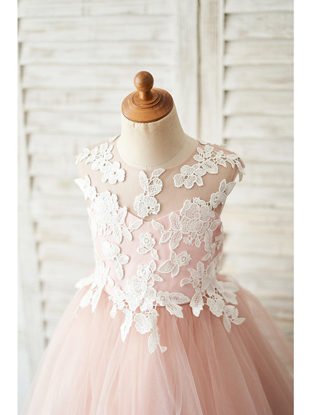 Short Ball Gown Tulle Sleeveless Jewel Neck Wedding Birthday Flower Girl Dresses