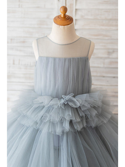 Short Ball Gown Tulle Sleeveless Jewel Neck Wedding Birthday Flower Girl Dresses