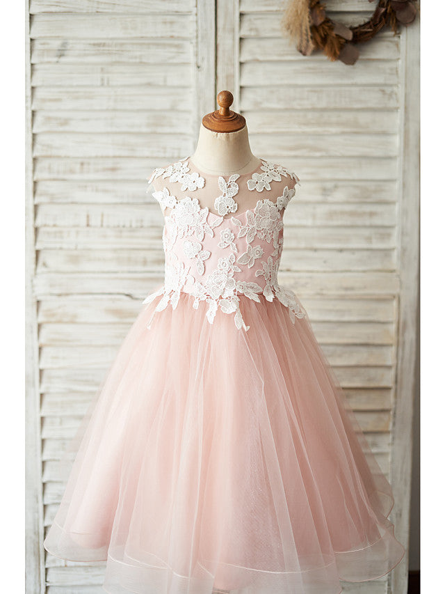 Short Ball Gown Tulle Sleeveless Jewel Neck Wedding Birthday Flower Girl Dresses