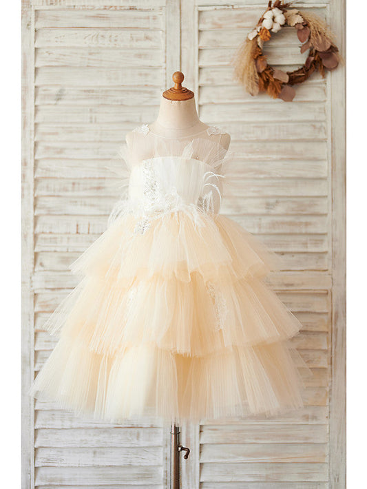 Short Ball Gown Tulle Sleeveless Jewel Neck Wedding Birthday Flower Girl Dresses