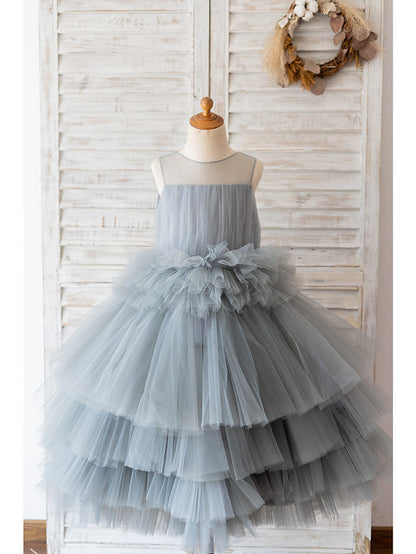 Short Ball Gown Tulle Sleeveless Jewel Neck Wedding Birthday Flower Girl Dresses