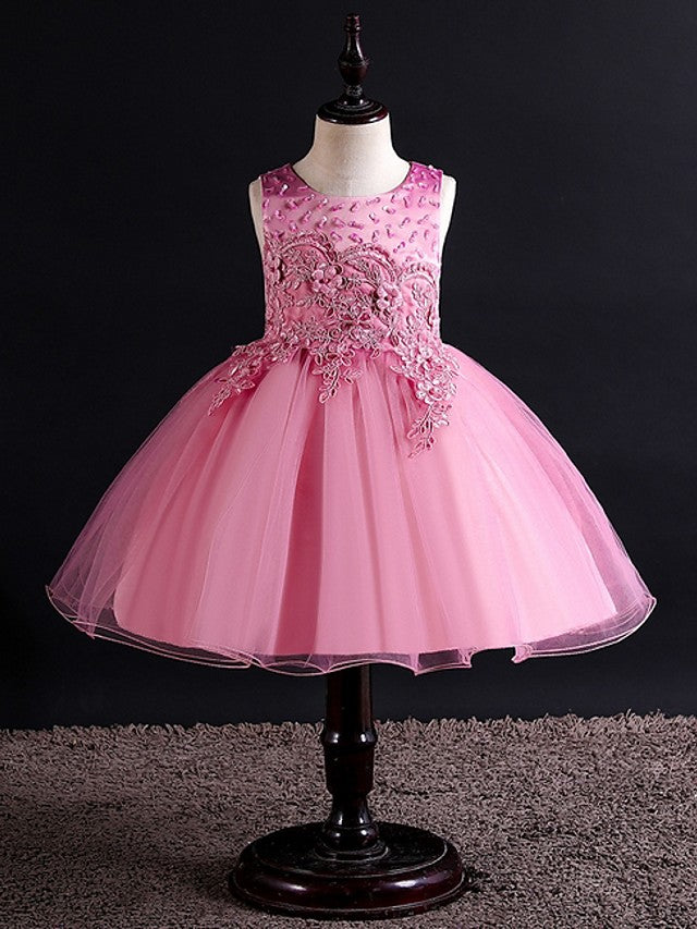 Short Ball Gown Tulle Sleeveless Jewel Neck Wedding Party Flower Girl Dresses