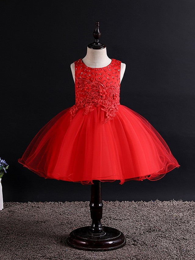 Short Ball Gown Tulle Sleeveless Jewel Neck Wedding Party Flower Girl Dresses