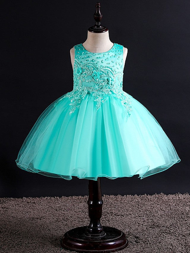 Short Ball Gown Tulle Sleeveless Jewel Neck Wedding Party Flower Girl Dresses