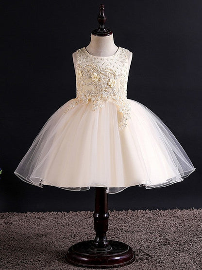 Short Ball Gown Tulle Sleeveless Jewel Neck Wedding Party Flower Girl Dresses